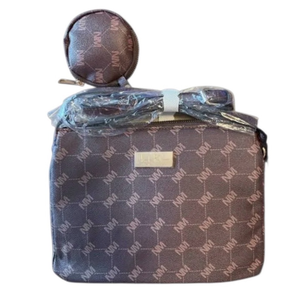 Nicole Miller New York Monogram Crossbody Bag Brown Mauveโ with Coin Purse NWT